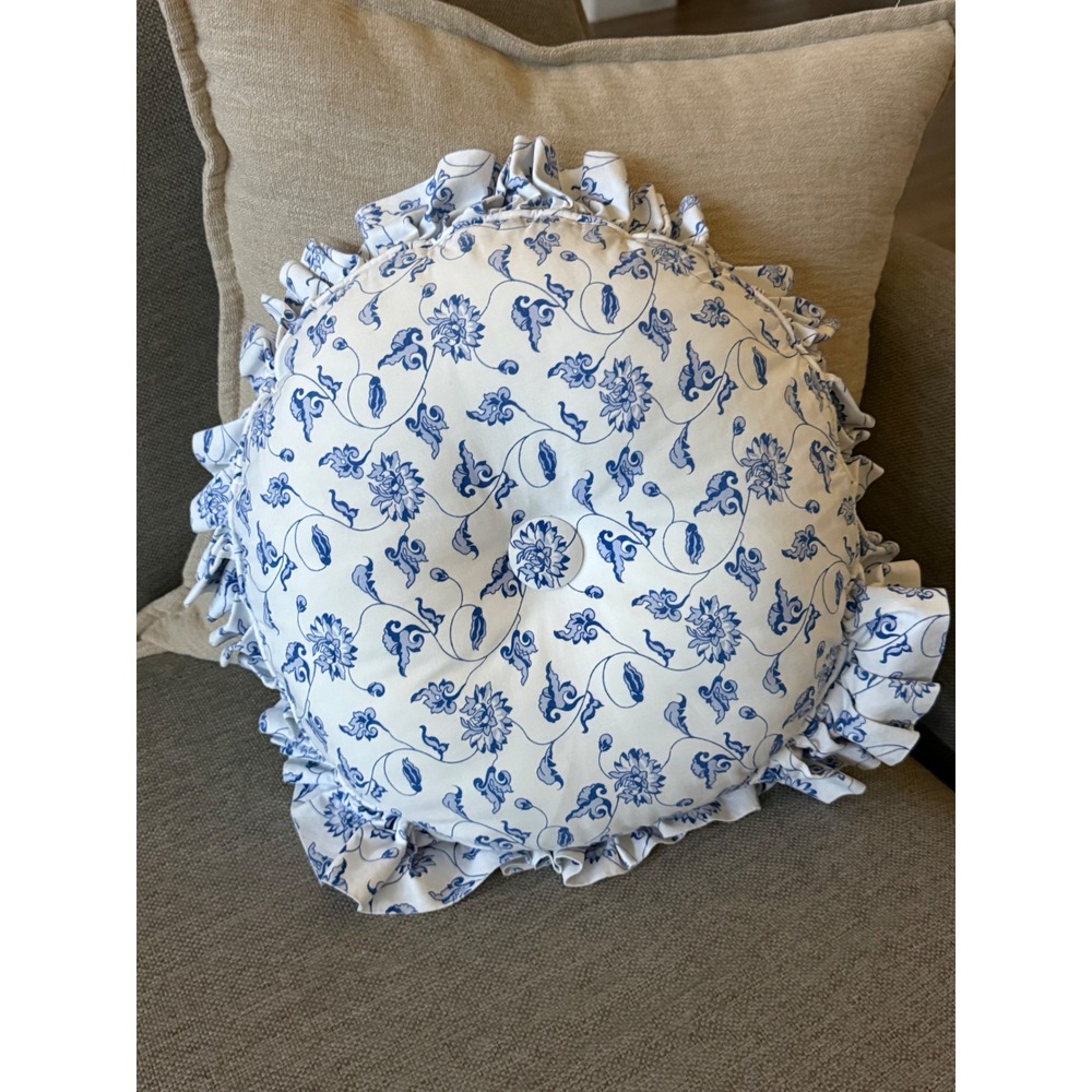 Vintage Style Blue and White Floral Toile Round Ruffled Tufted Throw Pillow 16"